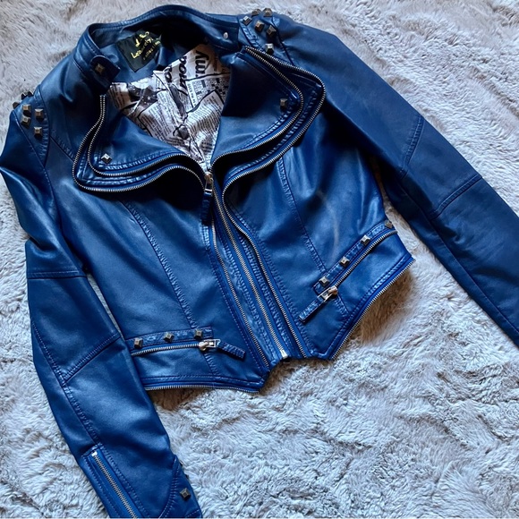 Leisurely Life Navy blue bikercore Moto jacket, spikes and zips, never worn. - Picture 2 of 15